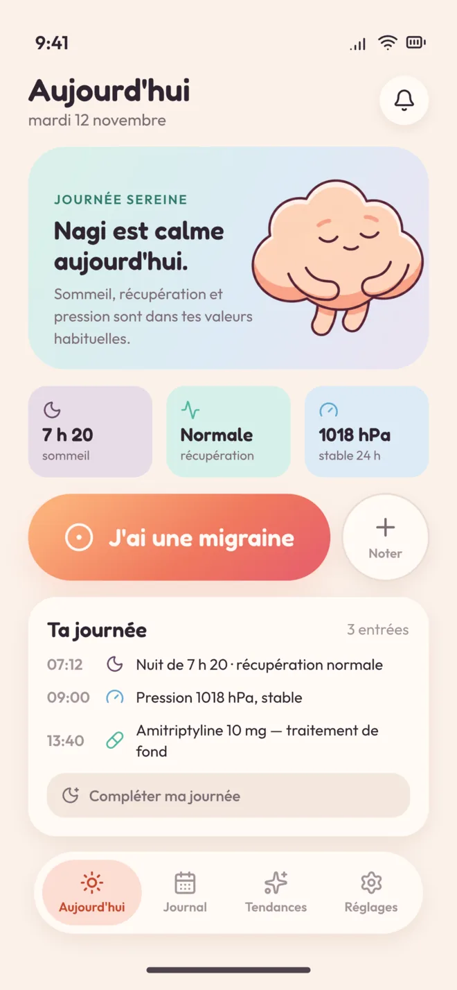 The Nagi home screen showing a calm day, with the barometric pressure and last night's sleep.